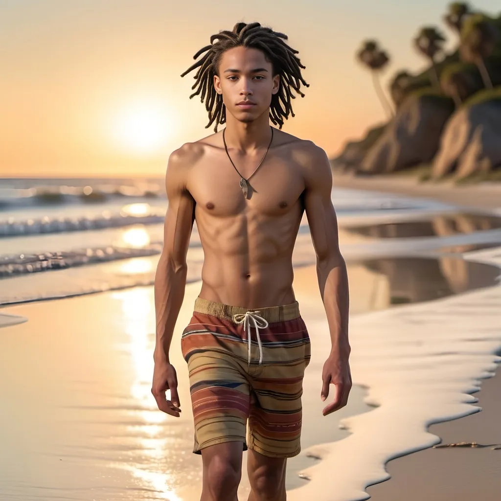 Prompt: Hot, slim, 18 year old guy with a slender physique, light skinned African American with short dreads, walking barefoot in the sand at the beach at sunset, He has on short swim trunks, and no shirt. Full body portrait. Realistic Lighting. Photo Realistic. 