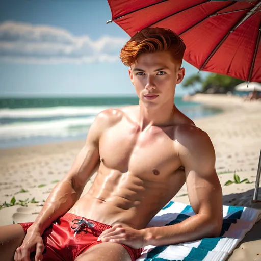 Prompt: Hot, slim, 19 year old guy with a slender physique laying on a towel under an umbrella at the beach. He has on red swim trunks, and no shirt, he has short red hair buzzed shorter on the sides and back, he has some cute freckles on his cheeks. Full body portrait. Realistic Lighting. Photo Realistic. Slender body.