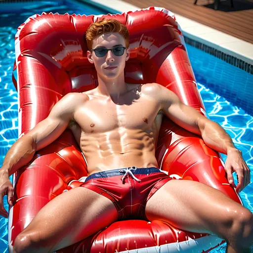 Prompt: Hot, slim, 19 year old guy with a slender physique. He is laying down floating on an inflatable lounge chair in a swimming pool. He has on red swim trunks, and no shirt, he has short red hair buzzed shorter on the sides and back, he has some cute freckles on his cheeks. Full body portrait. Realistic Lighting. Photo Realistic. Slender body.