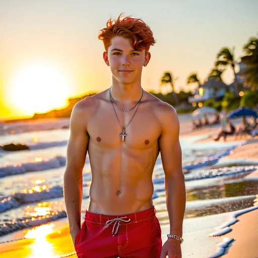 Prompt: Cute 19 year old guy who is slim and has a nice physique standing on the beach at sunset. He has on red swim trunks, and no shirt, he is also wearing a thin silver neck chain, and he is barefoot. He has short red hair buzzed shorter on the sides and he has some cute freckles on his cheeks. Very detailed full body portrait.