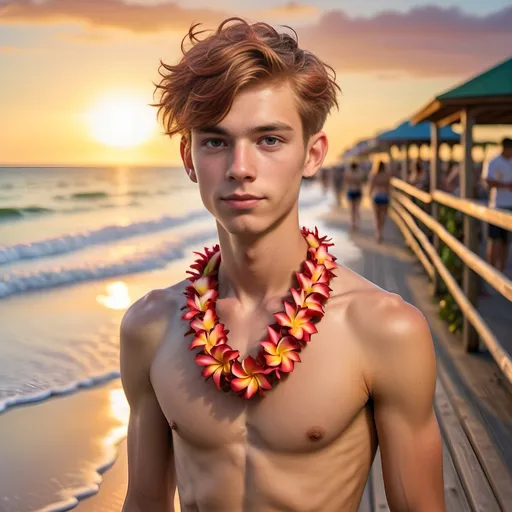 Prompt: Hot, slim, 19 year old guy with a slender physique standing on the boardwalk at the beach at sunset, he is wearing a Lei, and has a tropical flower in his hair tucked in behind his ear. He has on red swim trunks, and no shirt, he has short red hair buzzed shorter on the sides and back. Full body portrait. Realistic Lighting. Photo Realistic. Slender body.