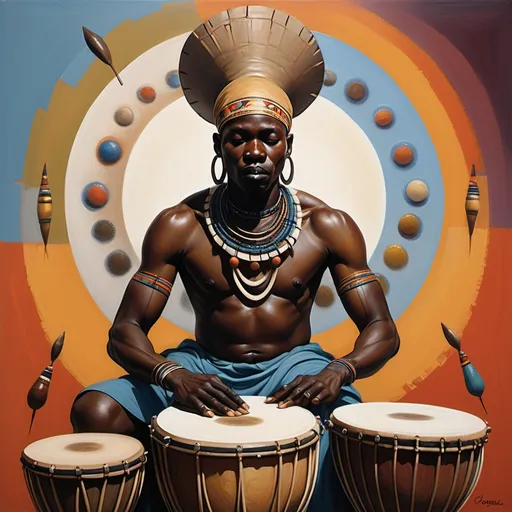 Prompt: A dynamic realism painting of a West  African spiritual drummer using  a color palette that evokes emotional  symbolism  and their body language conveying deep connection to the rhythm. Surrounding them, a vibrant ritual space filled with symbols of the earth, sky, and ancestors. The drummer's expression suggests a journey beyond the physical, uniting the individual with the universal spirit.