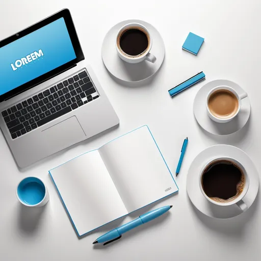 Prompt: semi-abstract design, (modern desk setup) featuring a (laptop), (coffee cup), (notepad) symbolizing content writing, (light gradient background) transitioning from white to blue, (faint overlay of text "lorem ipsum") for a creative vibe, (clear and minimalist) layout, highly detailed, (HD quality) for vibrant visual appeal.