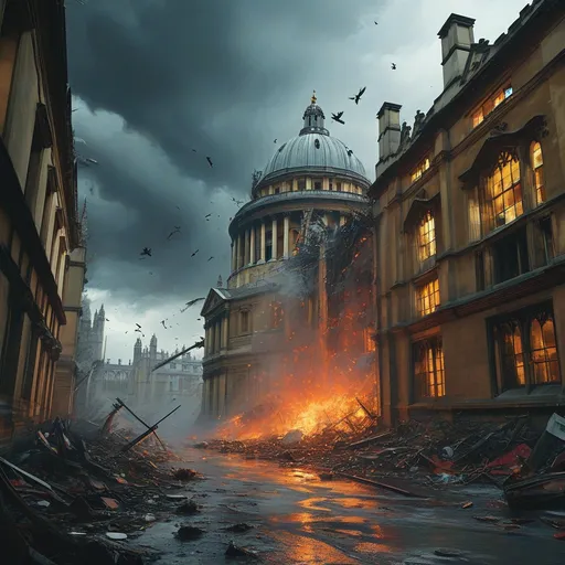 Prompt: (powerful man), dramatic scene of destruction, wreckage and chaos enveloping Oxford University, intense atmosphere, vibrant colors with strong contrasts, a stormy sky looming overhead, debris flying, expressions of shock, high levels of detail, ultra-detailed, cinematic lighting to enhance the ominous mood.