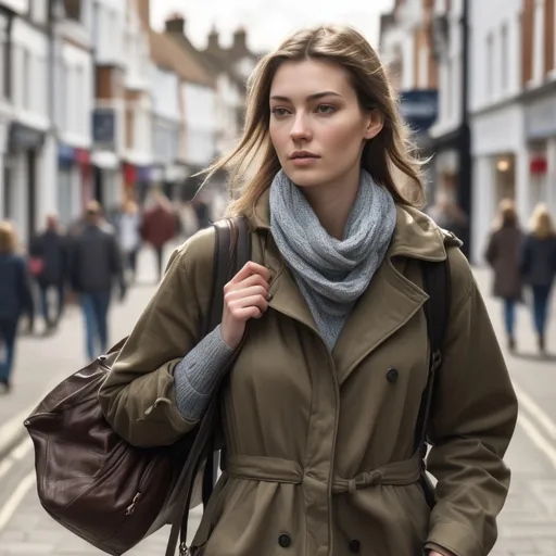 Prompt: Tall young woman walking down the high street, detailed clothing, realistic, natural lighting