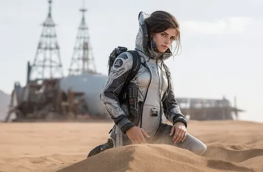 Prompt:  @jdSQW7afyKcxaaRH3YOf is walking into an open sandy landscape where an abandoned space ship is abandoned.


@jdSQW7afyKcxaaRH3YOf is wearing a full body  furutistic space suit, back pack, gear and women boots.



