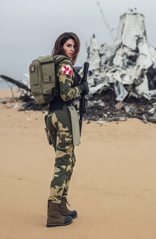 Prompt: @C9oIf4Qk0FZGwkWfYSNM In a somber yet hopeful scene, a woman in a sleek, utility-focused futuristic green and pale camouflaged space suit.


@C9oIf4Qk0FZGwkWfYSNM  stands before a crashed spacecraft on sand. 

@C9oIf4Qk0FZGwkWfYSNM futuristic space suit we see a small Canadian flags on the shoulder.

@C9oIf4Qk0FZGwkWfYSNM  gazes directly into the camera, holding a futuristic assault rifle in her hands.


@C9oIf4Qk0FZGwkWfYSNM  is wearing utility gloves and boots fully concealing her hands and body. 


The soft, diffused lighting enhances the muted tones, reflecting resilience in adversity.