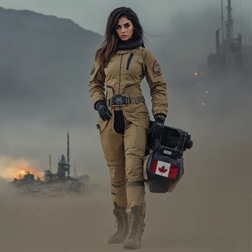 Prompt: @C9oIf4Qk0FZGwkWfYSNM In a somber yet hopeful scene, a woman in a sleek, utility-focused futuristic camouflaged sand space suit stands before a crashed spacecraft on sand. 

@C9oIf4Qk0FZGwkWfYSNM futuristic space suit we see a small Canadian flags on the shoulder.

@C9oIf4Qk0FZGwkWfYSNM  gazes directly into the camera, holding a futuristic assault rifle, with utility gloves and boots fully concealing her hands and body. 


The soft, diffused lighting enhances the muted tones, reflecting resilience in adversity.