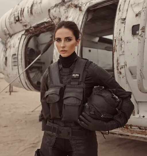 Prompt: @C9oIf4Qk0FZGwkWfYSNM In a somber yet hopeful scene, a woman in a sleek, utility-focused futuristic space suit stands before a crashed spacecraft on sand. She gazes directly into the camera, holding a futuristic assault rifle, with utility gloves and boots fully concealing her hands and body. The soft, diffused lighting enhances the muted tones, reflecting resilience in adversity.