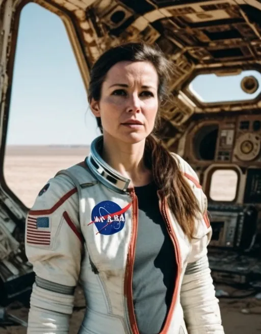 Prompt: Women in spacesuit standing in front of a derelict spacecraft in a inhospitable sandy landscape