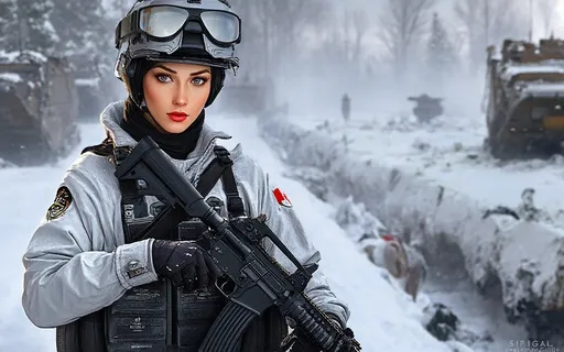 Prompt: @OIWqNmSnhZ4lUW5ZfwK3 is seen in a combat battle during winter.



@OIWqNmSnhZ4lUW5ZfwK3 is in front of a futuristic destroyed tank in the snow.



@OIWqNmSnhZ4lUW5ZfwK3 is wearing a winter combat uniform. 


@OIWqNmSnhZ4lUW5ZfwK3 futuristic combat suit we can see one small Canadian flag on the shoulder of her winter combat suit.



@OIWqNmSnhZ4lUW5ZfwK3  is wearing white winter combat uniform winter camouflage that is mostly for utility purpose.


@OIWqNmSnhZ4lUW5ZfwK3  is in the middle of the image.



@OIWqNmSnhZ4lUW5ZfwK3  is looking at the camera.



@OIWqNmSnhZ4lUW5ZfwK3 no earrings.



@OIWqNmSnhZ4lUW5ZfwK3  no jewelry.



@OIWqNmSnhZ4lUW5ZfwK3  white winter combat uniform has winter camouflage is warned up.



@OIWqNmSnhZ4lUW5ZfwK3  is seen clearly without anything covering her face.



@OIWqNmSnhZ4lUW5ZfwK3  is wearing a combat helmet perfectly covering her entire head. The combat helmet is well adjusted to head.



@OIWqNmSnhZ4lUW5ZfwK3  is holding an assault rifle her hands. 


@OIWqNmSnhZ4lUW5ZfwK3  right hand is holding the pistol grip. @Daria left is holding the barrel. The barrel of the rifle is clean metal.



@OIWqNmSnhZ4lUW5ZfwK3 assault rifle is equipped with a strap from the stock of the rifle going up her shoulder and around her neck line down to the barrel of the assault rifle.



@OIWqNmSnhZ4lUW5ZfwK3  is fully clothed. 



@OIWqNmSnhZ4lUW5ZfwK3  is wearing utility gloves. 



@OIWqNmSnhZ4lUW5ZfwK3 Hands are totally covered and have to be normal.


@OIWqNmSnhZ4lUW5ZfwK3 has five fingers in the five fingers of the utility glove.