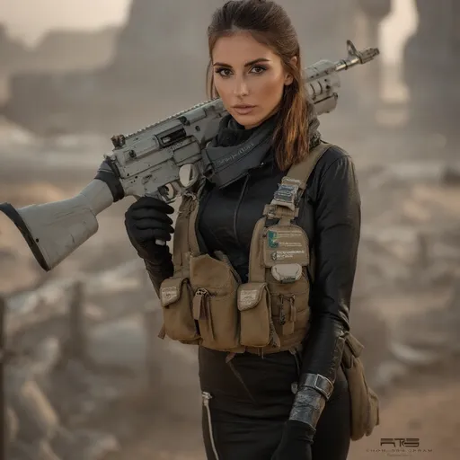 Prompt: @C9oIf4Qk0FZGwkWfYSNM In a somber yet hopeful scene, a woman in a sleek, utility-focused futuristic space suit stands before a crashed spacecraft on sand. She gazes directly into the camera, holding a futuristic assault rifle, with utility gloves and boots fully concealing her hands and body. The soft, diffused lighting enhances the muted tones, reflecting resilience in adversity.