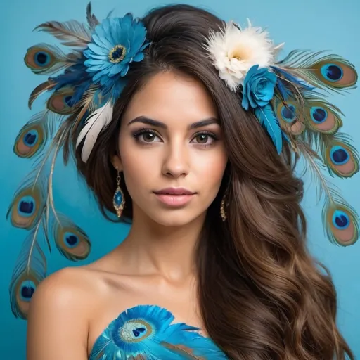 Prompt: Un rostro de mujer hermosa colombiana de contextura media. Cabello muy largo castaño con un adorno de flores azules y aguamarina en el cabello. Su blusa tiene plumas de pavo real en el estampado. El fondo es azul con flores