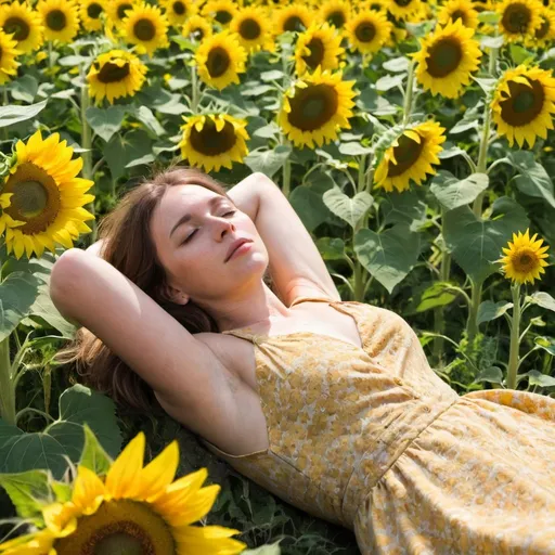 Prompt: A lady lying in a field of sunflowers