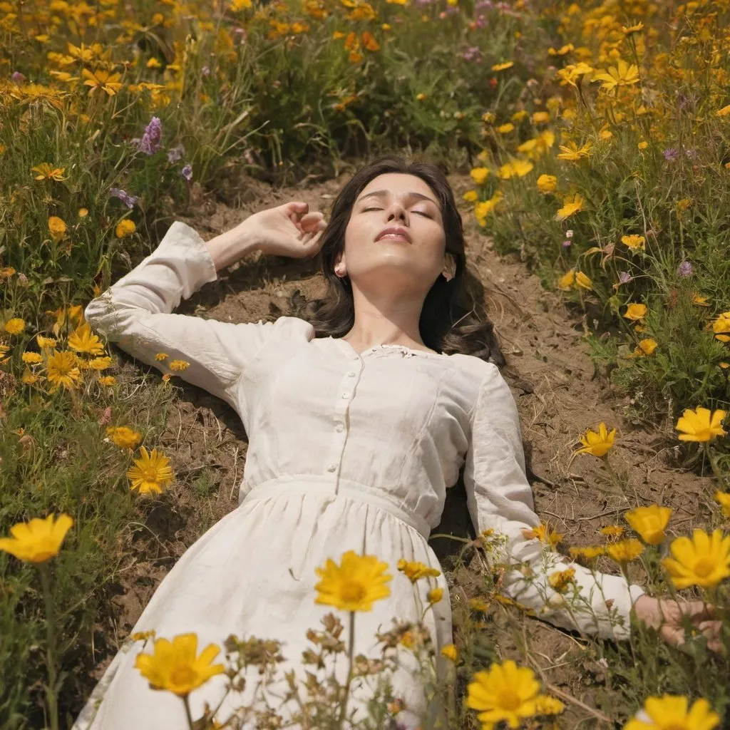 Prompt: A women lying in a field of flowers