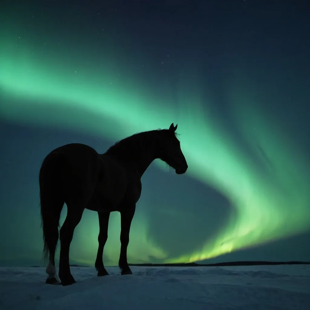 Prompt: A horse silhouette under the northern lights 