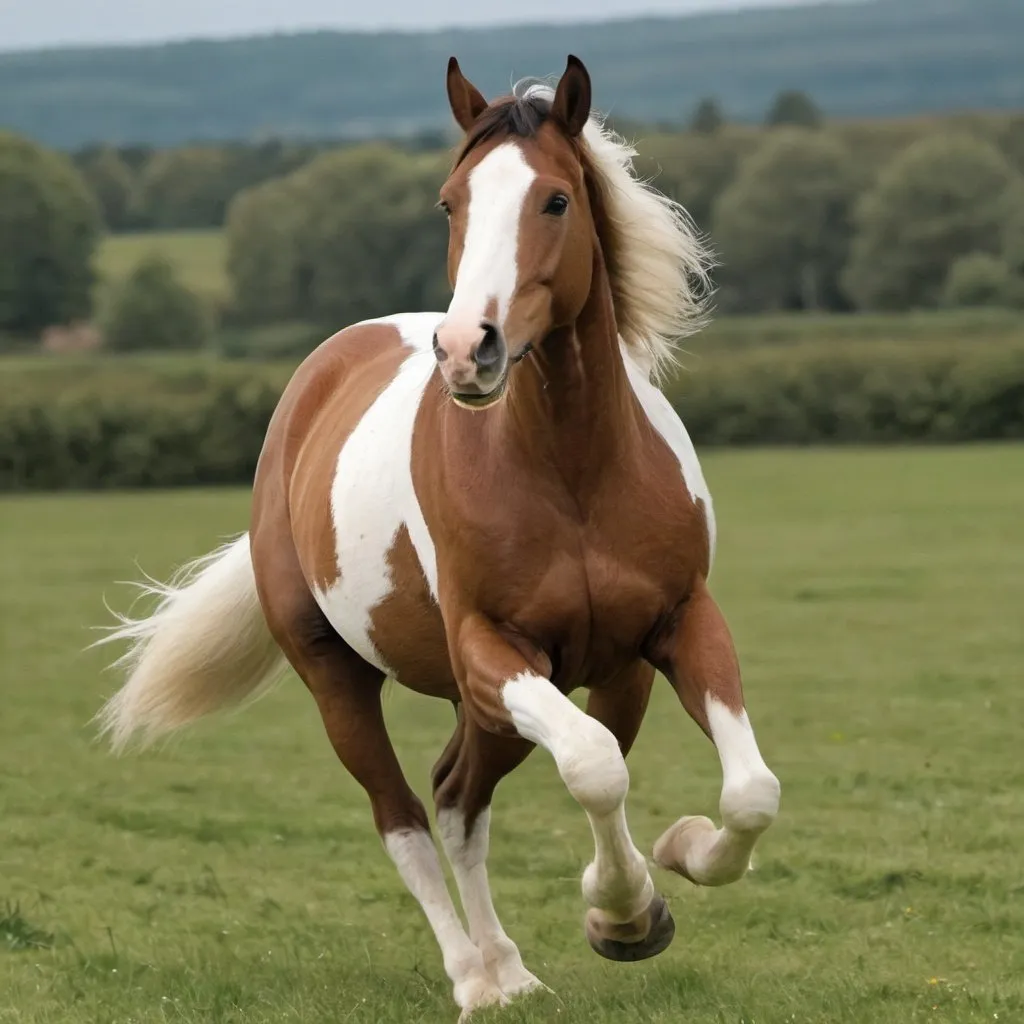 Prompt: A brown and white cob horse galloping through a field