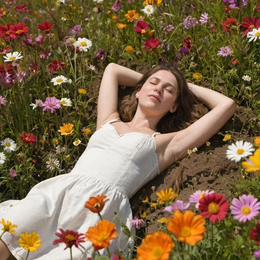 Prompt: A women lying in a field of flowers