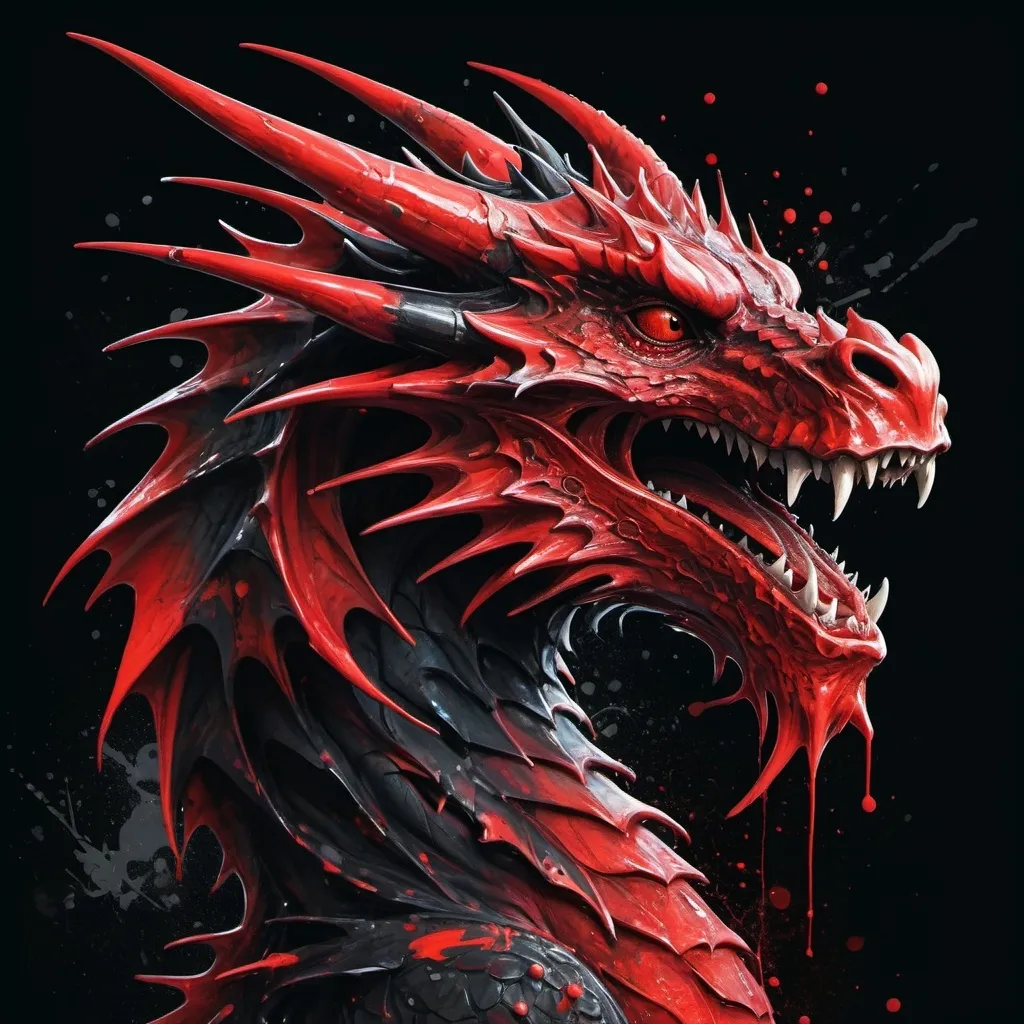 Prompt: Colorful graffiti illustration of a human red dragon king, red and black paint splashes, realism sci-fi profile picture art black background