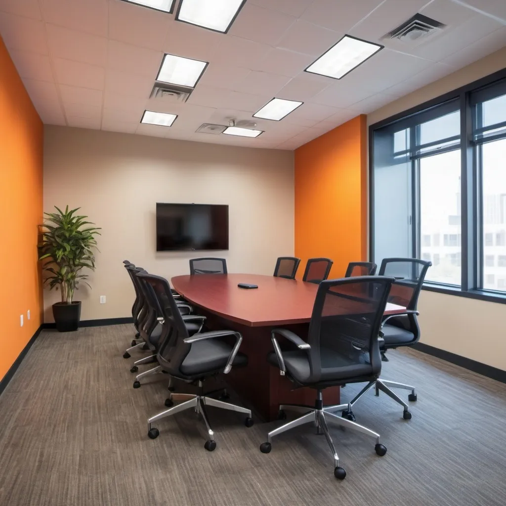 Prompt: Create a 1920x1080 image of a conference room with a training table in the center with six comfortable office chairs around the table use the color #ff7900 for the back wall and the color #142233 for the side wall. 