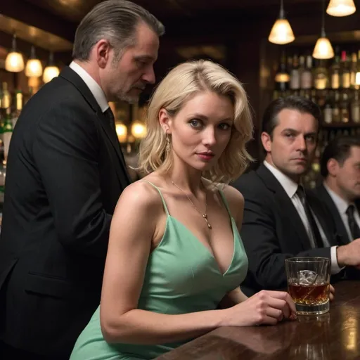 Prompt: A blonde haired attractive woman in a dress her mid thirties sits with a mint tulep in her hand at a bar with a middle aged guy in a suit and tie  holding a whisky on the rocks while men in some dark suits look on in the distance
