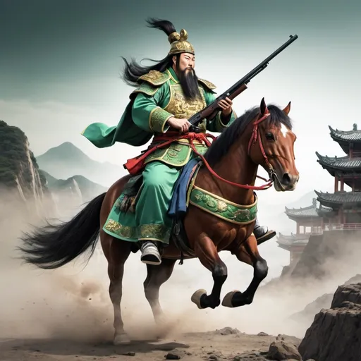Prompt: Guan Yu rode a horse and carried a gun.