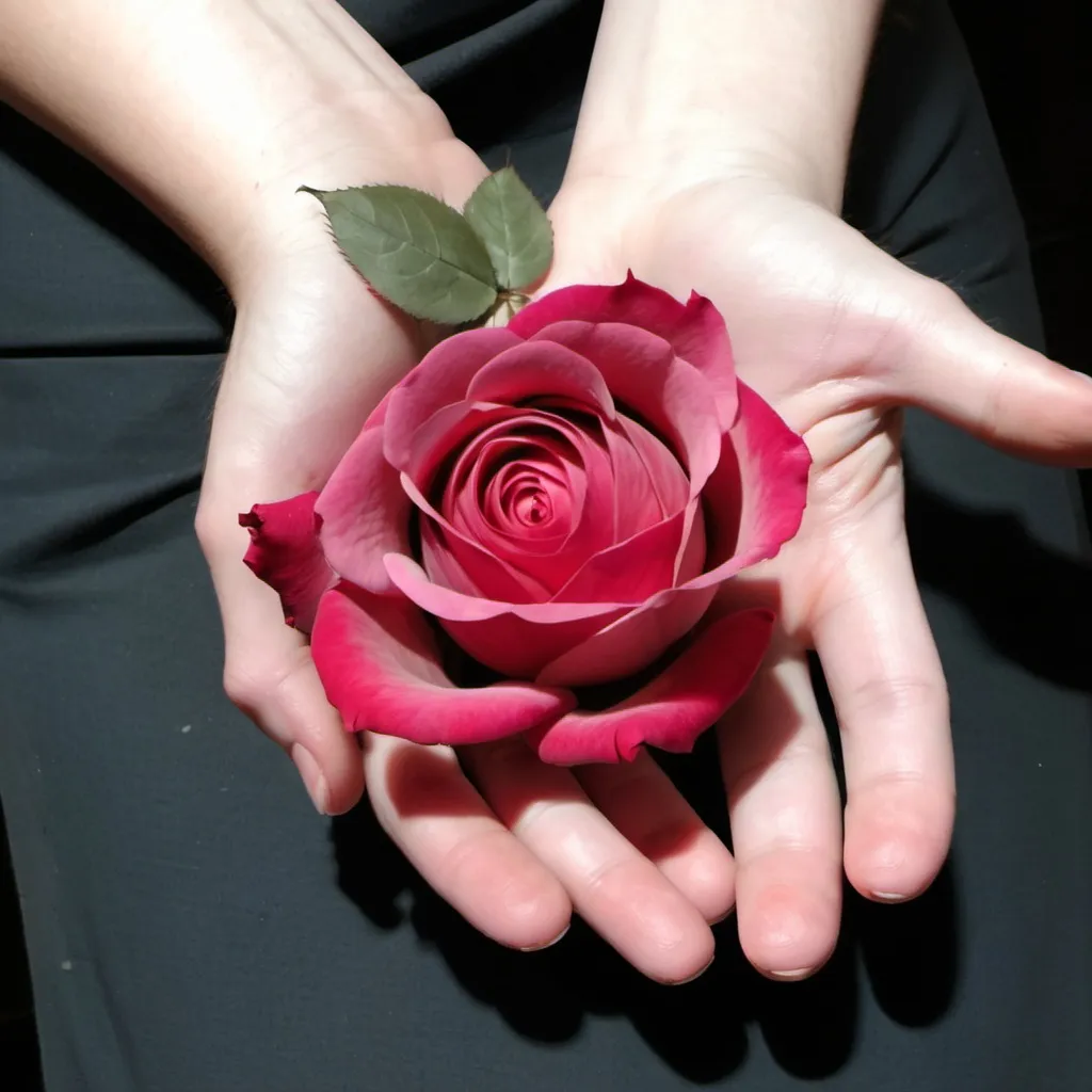 Prompt:  rose in it. I didn't  have a rose, lol, to use.
But when drawn, one in the hand and two rose buds coming out somewhere, coming out from the hand holding the rose. 
