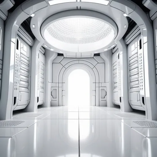 Prompt: background in minimalist shiny white plastic dystopian labyrinth interior spacious scifi massive labyrinth arena with white shower tiles, silver chrome trim gutters on floor, giant barricade shield, thick glass walls and white pillars far futuristic corporate empire, glossy reflective photorealistic syreams of 