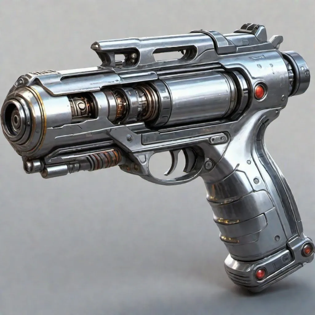 Prompt: High-quality, 1990s (style), realistic digital painting of a futuristic energy blaster, short, round, cylindrical, shiny, stainless, chrome metallic body, all metal, reflective shell, intricate circuitry details, sleek chrome metallic body, energy pulsating, sci-fi, cyberpunk, weapon design, futuristic technology, detailed shadows and highlights, advanced concept art, professional, atmospheric lighting