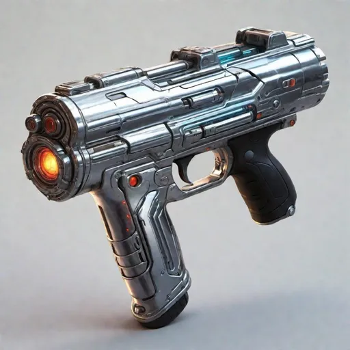 Prompt: High-quality, 1990s (style), realistic digital painting of a futuristic energy blaster, short, round, cylindrical, shiny, stainless, chrome metallic body, all metal, reflective shell, intricate circuitry details, sleek chrome metallic body, energy pulsating, sci-fi, cyberpunk, weapon design, futuristic technology, detailed shadows and highlights, advanced concept art, professional, atmospheric lighting