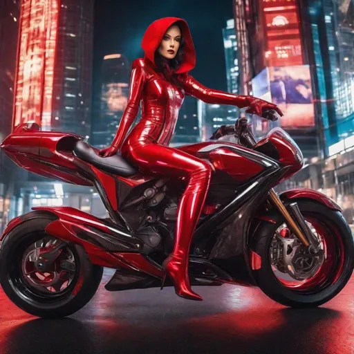 Prompt: red riding hood driving a futuristic motorcycle, wearing shiny latex skin tight latex catsuit, marvel style, looking at the viewer, brightly lit, shiny rubber clothes, scifi dystopian city background