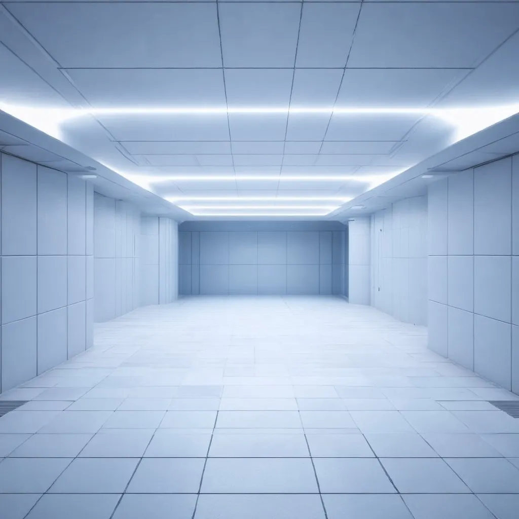 Prompt: an expansive scifi plaza of interconnected rooms, corridors, and arena. humid climate, spacious. brightly lit. the walls, ceilings, and floors of the level all appear to be constructed from the same minimalist white ceramic tile. light is cast from irregular angles. 