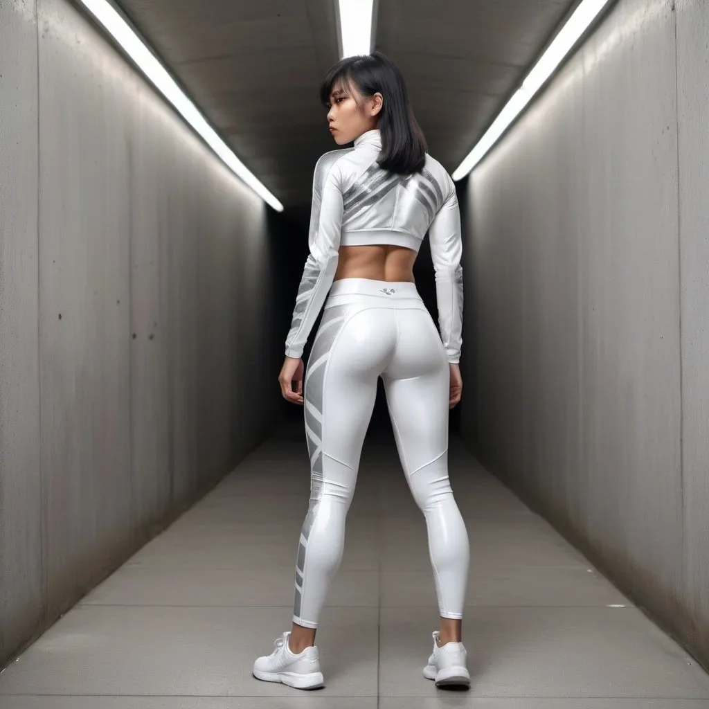 Prompt: full body pose of an arrogant Malaysian female Olympic athlete wearing athletic white leather scifi leggings with lots of seams and semi transparent pattern, viewed from behind, showing bum, shiny scifi puff crop jacket, tight shiny clothes, white sneakers, muscular abs, muscular glutes, muscular thighs, peach shiny lip gloss, big fat glossy lips, short bob cut with bangs and black hair, brown tanned skin, black thin slant eyes with mascara. background in a minimalist grey concrete tunnel, brightly lit, brutalist style.