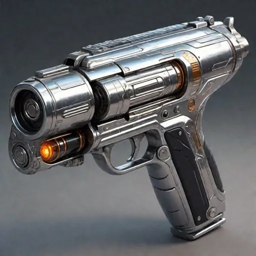 Prompt: High-quality, 1970s (style), realistic digital painting of a futuristic energy blaster, short, round, cylindrical, shiny, stainless, chrome metallic body, all metal, reflective shell, intricate circuitry details, sleek chrome metallic body, energy pulsating, sci-fi, cyberpunk, weapon design, futuristic technology, detailed shadows and highlights, advanced concept art, professional, atmospheric lighting