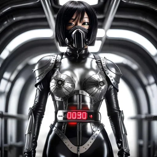 Prompt: Yumi Kazama is a futuristic female assassin wearing a respirator, fierce makeup.