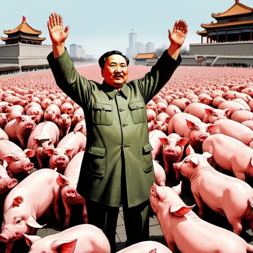 Prompt: newspaper cartoon depicting chairman mao waving at the public surrounded by numerous pigs in beijing.
