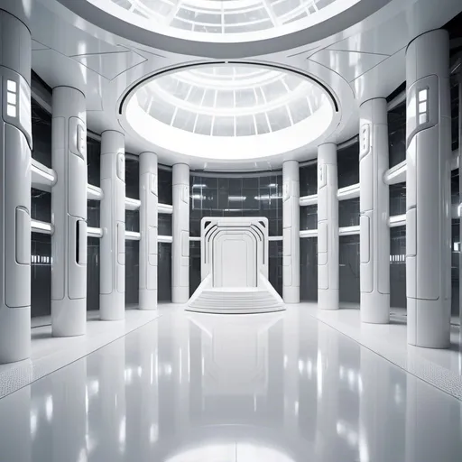 Prompt: background in minimalist shiny white plastic dystopian labyrinth arena dungeon interior spacious scifi massive three story labyrinth arena with white shower tiles, silver chrome trim gutters on floor, giant barricade shield, thick glass walls and white pillars, far futuristic corporate empire, glossy reflective photorealistic streams of viscous white rivers