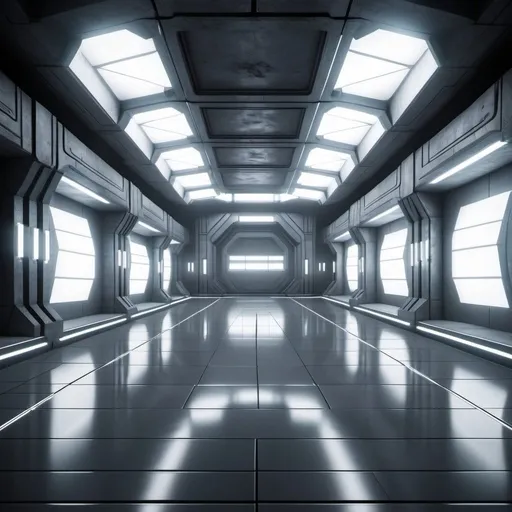 Prompt: an expansive scifi underground plaza of interconnected rooms and corridors. humid climate, spacious, massive gladiator arena. brightly lit. the walls, ceilings, and floors of the level all appear to be constructed from the same white ceramic scifi tile. light is cast from irregular angles. 