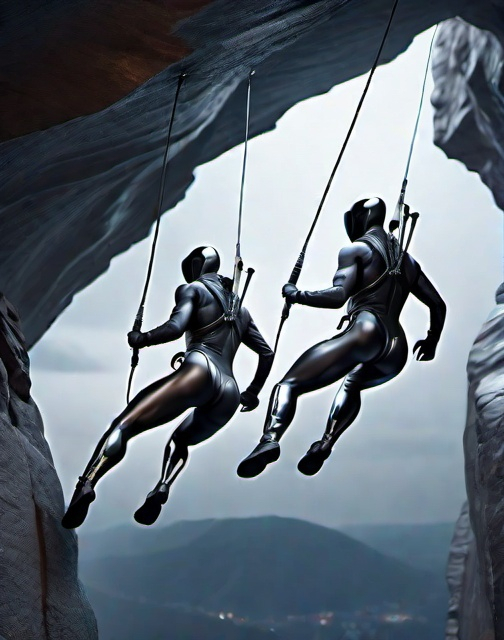 Prompt: two scifi futuristic style ninjas wearing (((skin tight))) glossy patented leather bodysuits leaping off bungee cable from a silver chrome colored cliff at (((night))), muscular glutes, beautiful muscular thighs, athletic body. photorealistic render, 3d, artstation, 8k, incredible quality.