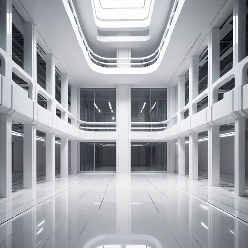 Prompt: background in minimalist shiny white plastic dystopian labyrinth courtyard dungeon interior spacious scifi massive three story courtyard with anti-slip tiles, silver chrome metal gutters on floor, giant barricade shield, thick glass walls and white pillars, far futuristic corporate empire, glossy reflective photorealistic streams of viscous white rivers