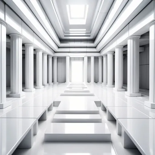 Prompt: background in minimalist shiny white plastic dystopian labyrinth interior spacious scifi massive labyrinth with white crowded floor tiles and white pillars far futuristic corporate empire