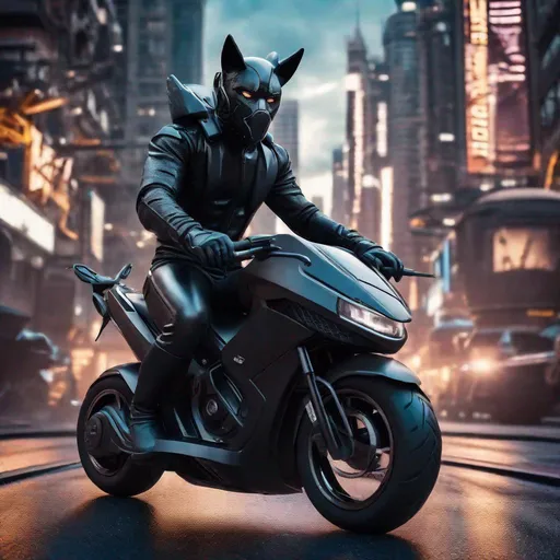 Prompt: futuristic male gimp with black plastic wolf ears with assault rifle while riding a black scooter, wearing shiny skin tight latex rubber catsuit, plastic wolf ears, marvel style, looking at the viewer, brightly lit, scifi dystopian city background