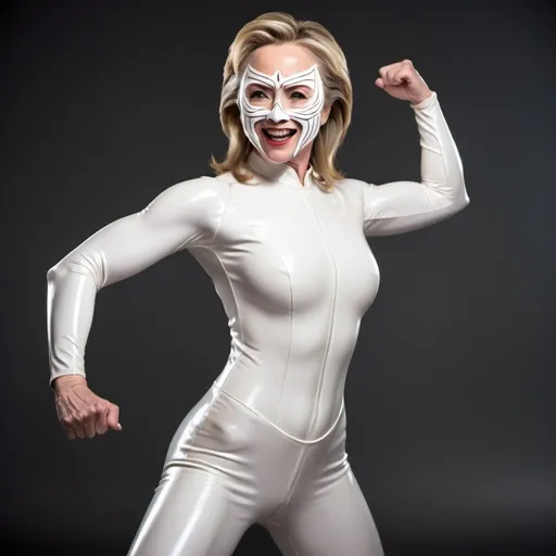 Prompt: 35year old muscular hillary clinton wearing a shiny white latex bodysuit in kungfu fighting pose, photorealistic style, excited face, wearing a scifi geisha mask. crazy expression, full body picture.
