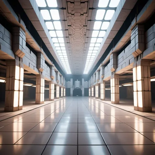 Prompt: an expansive scifi underground plaza of interconnected rooms and corridors. humid climate, spacious, massive gladiator arena. brightly lit. the walls, ceilings, and floors of the level all appear to be constructed from the same white ceramic scifi tile. light is cast from irregular angles. 