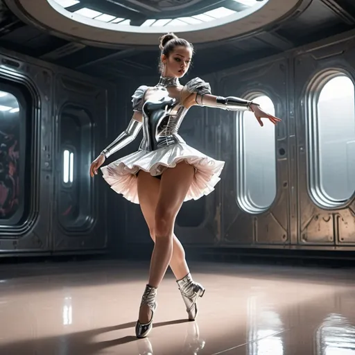 Prompt: Revealing tactical ballerina wearing shiny high cut clothes, dancing and twirling in sci-fi minimalist arena in middle of gunfight with glossy walls, glossy floor, palace interior, firing her chrome submachine gun. Ruffled shiny mini skirt, shiny thigh high leg warmers, shiny ankle boots, ballet toes, Realistic painting.