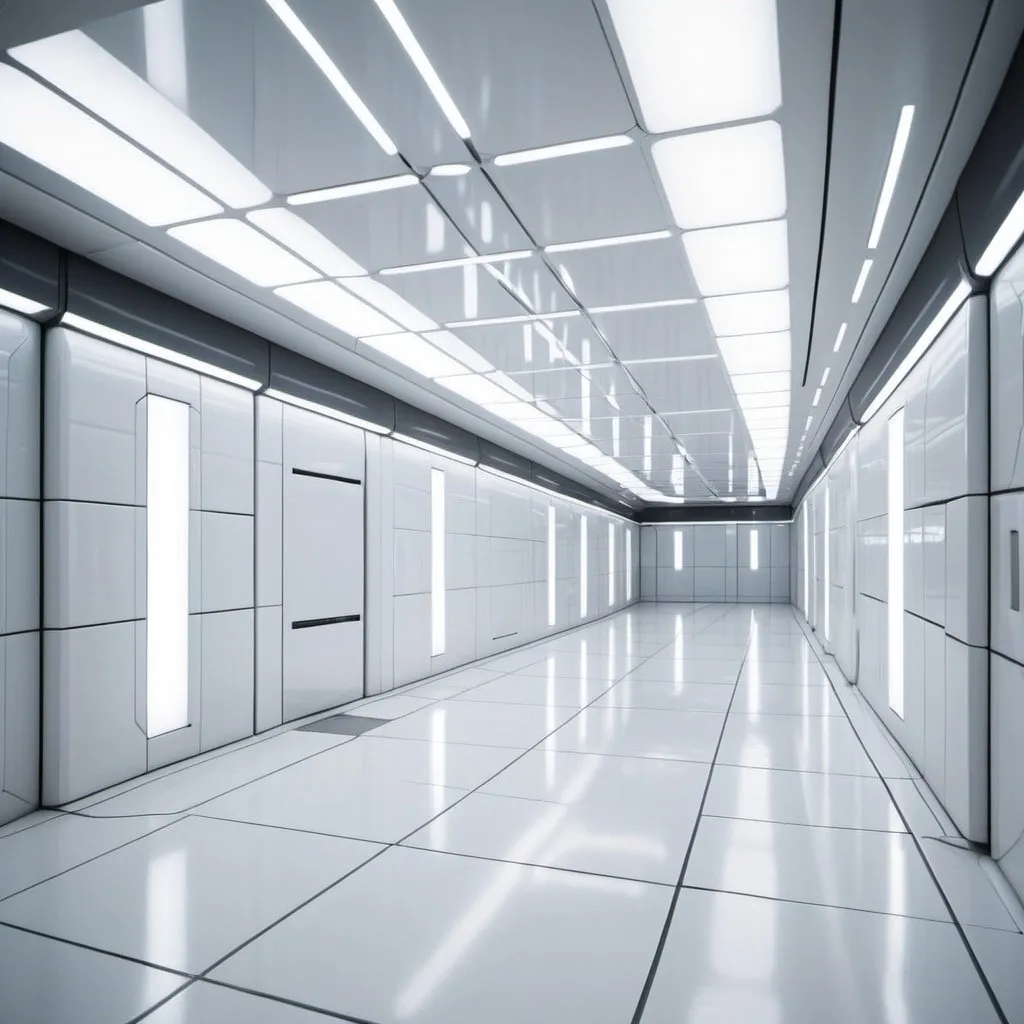 Prompt: an expansive scifi plaza of interconnected rooms and corridors. humid climate, spacious. brightly lit. the walls, ceilings, and floors of the level all appear to be constructed from the same white ceramic scifi tile. light is cast from irregular angles. 