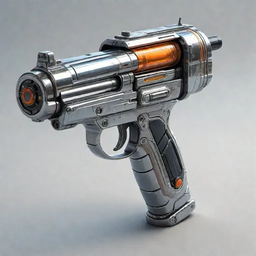 Prompt: High-quality, 1970s (style), realistic digital painting of a futuristic energy blaster, short, round, cylindrical, shiny, stainless, chrome metallic body, all metal, reflective shell, intricate circuitry details, sleek chrome metallic body, energy pulsating, sci-fi, cyberpunk, weapon design, futuristic technology, detailed shadows and highlights, advanced concept art, professional, atmospheric lighting