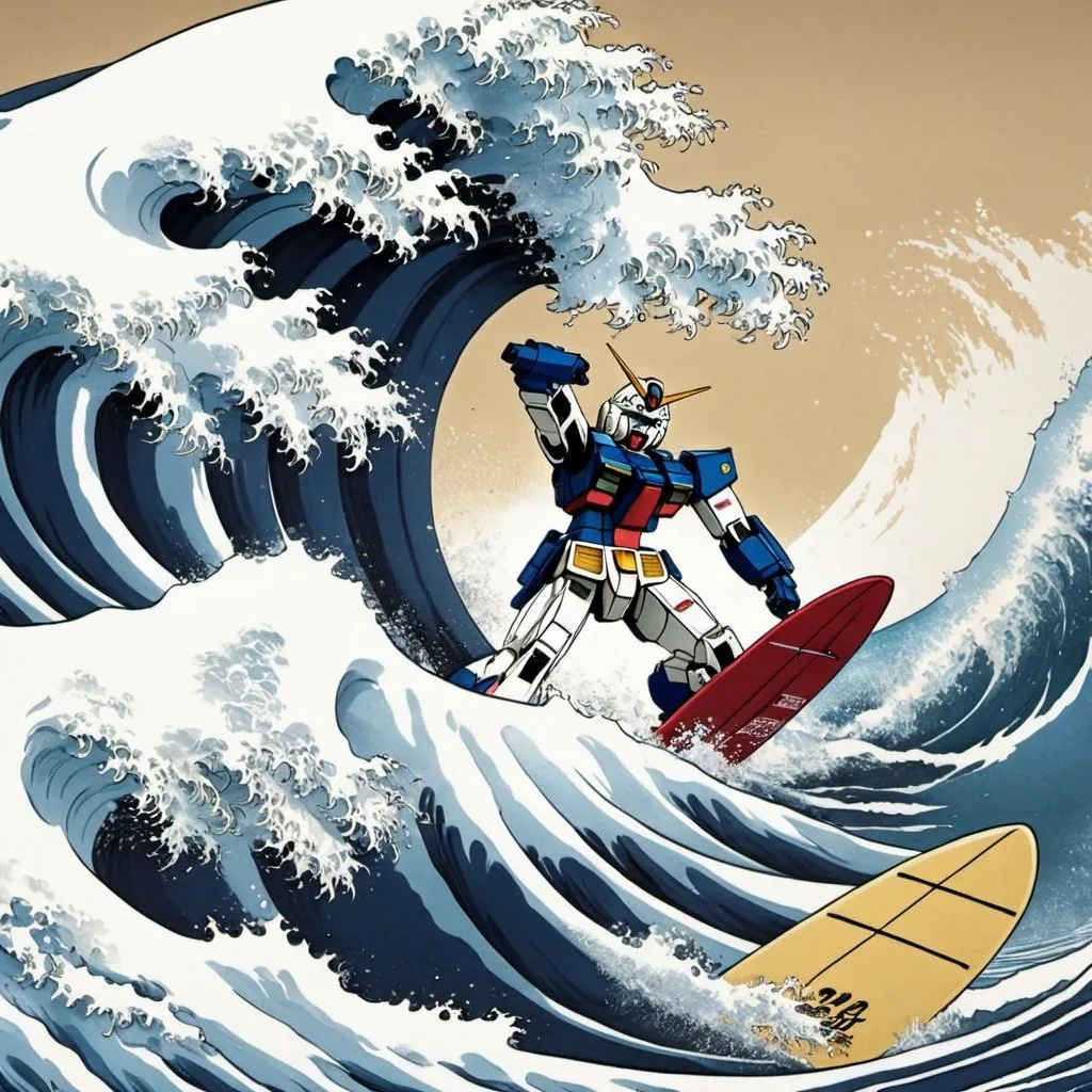 Prompt: a japanese movie poster with gundam solo surfing the great wave of Kanagawa.