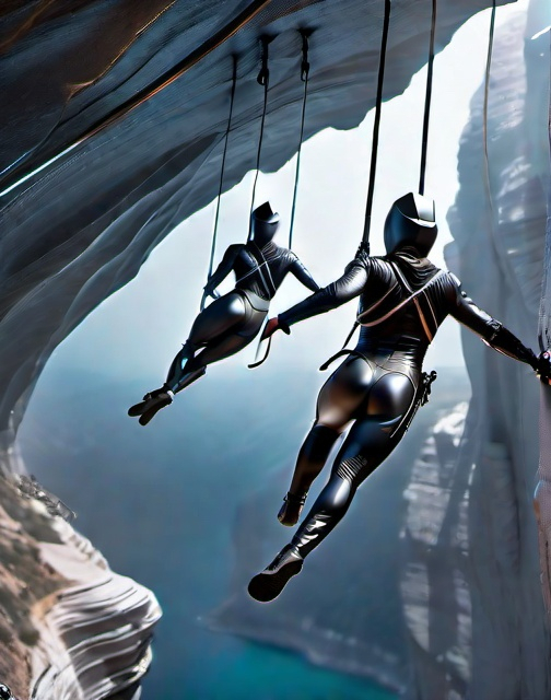 Prompt: two scifi futuristic style ninjas wearing (((skin tight))) glossy patented leather bodysuits leaping off bungee cable from a silver chrome colored cliff at (((night))), muscular glutes, beautiful muscular thighs, athletic body. photorealistic render, 3d, artstation, 8k, incredible quality.