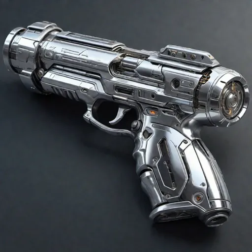 Prompt: High-quality, realistic digital painting of a futuristic energy weapon, shiny silver chrome metallic body, all metal, reflective shell, intricate circuitry details, sleek chrome metallic body, energy pulsating, tube shaped, sci-fi, cyberpunk, weapon design, futuristic technology, detailed shadows and highlights, advanced concept art, professional, atmospheric lighting